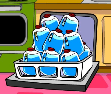 Illustration of a dishwasher loaded with gallons of water
